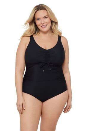 Aqua Green Plus Size Cinch V-neck Side Shirred One-Piece Swimsuit in Black at Nordstrom, Size 2X