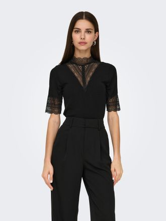 Only Spitzenshirt ONLY ONLTILDE HIGHNECK S/S TOP JRS NOOS, Damen, Gr. XS, schwarz, Jersey, Obermaterial: 95% Viskose, 5% Elasthan, unifarben, slim fit norm