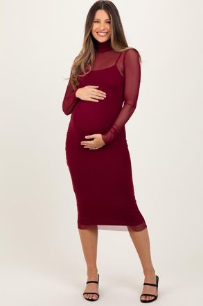Pinkblush Mesh Overlay Fitted Midi Dress in Burgundy at Nordstrom, Size Medium