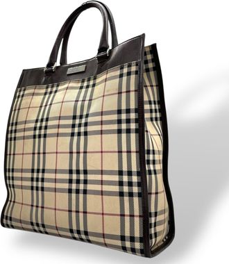 Burberry Beige Brown Nylon Leather Handbag Tote Bag (Pre-Owned)
