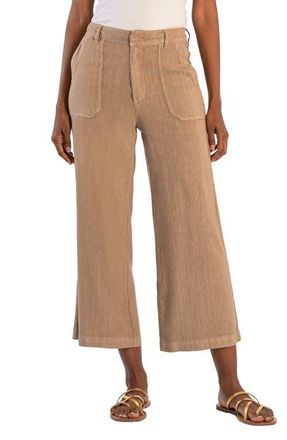 Kut from the Kloth Topaz High Waist Crop Wide Leg Linen Blend Pants in Khaki at Nordstrom, Size 00