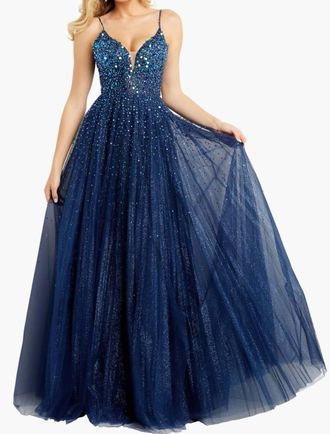 Jovani Spaghetti Straps Embellished Ballgown In Navy