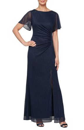 S.L. Fashions Sparkle Embellished Shoulder Gown in Navy at Nordstrom, Size 16P