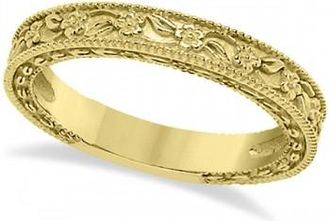 Allurez Carved Floral Designed Wedding Band Anniversary Ring in 14K Yellow Gold