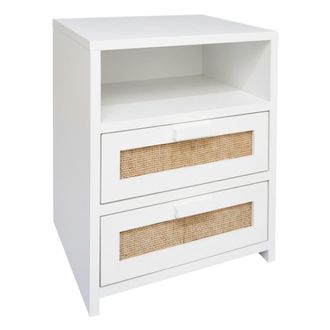 NATYAL Mesita de noche de madera y rafia natural 2 cajones tono blanco 40cm
