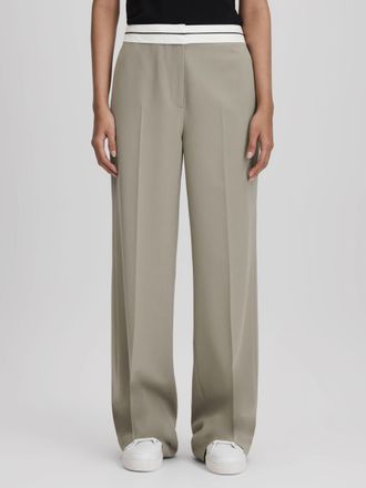Reiss Green Contrast Waistband Wide Leg Suit Trousers, 10R