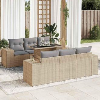vidaXL Vidaxl - Set Sof&aacute;s De Jard&iacute;n 7 Piezas Y Cojines Rat&aacute;n Sint&eacute;tico Beige