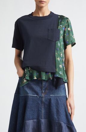 sacai Mixed Media Cotton Jersey & Floral Satin Pocket T-Shirt in Navy/Green at Nordstrom, Size 4