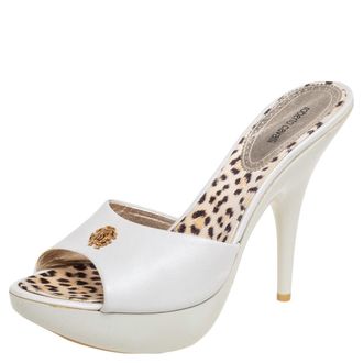 Roberto Cavalli White Leather Logo Buckle Platform Sandals