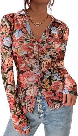 PrettyGarden Women Button Down Floral Shirts 2025 Fall Trendy Long Sleeve V Neck Ruched Fitted Mesh Blouse Tops Date Outfits, Black Floral, M