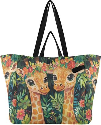 Generic Floral Giraffe Orange print Reusable Canvas Tote Bag, Heavy Duty Grocery Shopping Bag with Hard Bottom Large Capacity Double Handles Work Groceries Tr