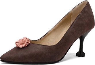 Generic Womens Slip on Court Shoes with Flowers High Heeled Dress Pumps Pointed Toe Wedding Party Prom Shoes,Brown,10.5 UK