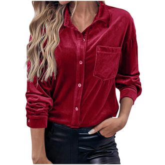 Generic Ladies Tops Womens Velvet Shirts Retro Long Sleeve Tops Button Down Shirt Blouses Office Work Business Formal Shirts Regular Fit Vintage Elegant Tunic