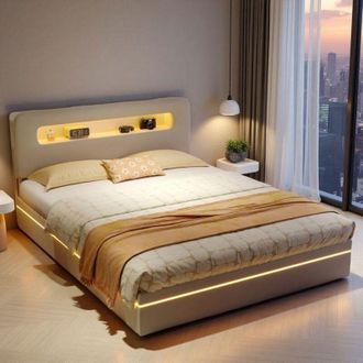 OEM Cama Cofre Doble 140x200 - Cabecera De Terciopelo Beige - Almacenamiento Hidr&aacute;ulico - Led Rgb - Dise&ntilde;o Moderno