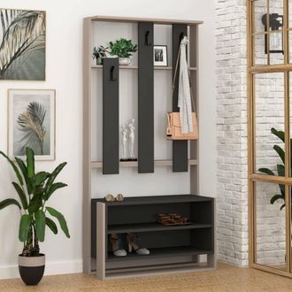 Dmora Mueble De Entrada Toraji, 6 Pares, 3 Estantes, Perchero, 90x36x180h Cm Beige
