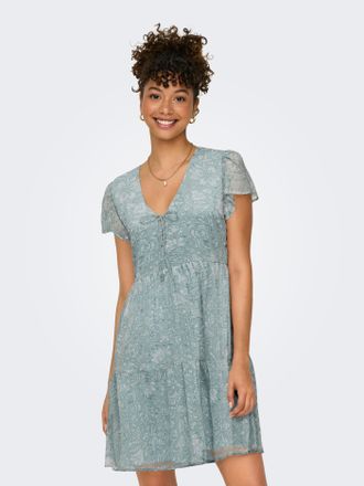 Only Minikleid ONLY ONLAIDA ELISA LIFE DOBBY DRESS WVN, Damen, Gr. XS, N-Gr, gr&uuml;n (fog gr&uuml;n aop:w bohemian garden), Web, Obermaterial: 100% Polyester, bedr