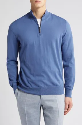 Canali Quarter Zip Cotton Sweater in Blue at Nordstrom, Size 38 Us