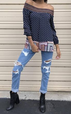 THML Clothing Twin Print Off The Shoulder Top In Navy