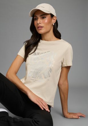 Laura Scott T-Shirt LAURA SCOTT, Damen, Gr. 32/34, beige, Single Jersey, Obermaterial: 100% Baumwolle, bedruckt, gemustert, Basic h&uuml;ftlang, U-Boot-Ausschnitt, Shi