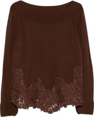 Ermanno Scervino Pure Cashmere Top met kanten rand - Dames - Ronde hals truien - Bruin - S - Kasjmier - Truien & Vesten