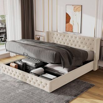 Matteo Upholstered Bed with Hydraulic Lever & Storage, 150 x 200 cm in Beige