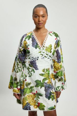 Karen Millen Womens Plus Size Fruit Print Tape Detail Long Sleeve Woven Mini Dress - Floral Lyocell - Size 22 UK