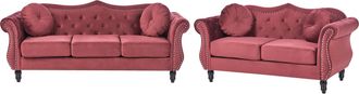 Beliani Conjunto De Sala De Estar En Terciopelo Rojo Oscuro 2 Plazas 3 Plazas Apoyabrazos Enrollados Cojines Estilo Glam Skien