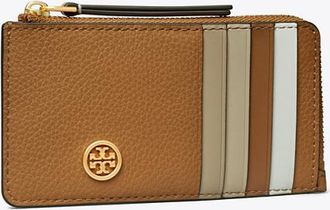 Tory Burch Womens Robinson Pebbled Top-Zip Card Case in Tan, One Size