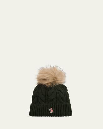 Moncler Cable-Knit Wool-Cashmere Beanie with Shearling Pom