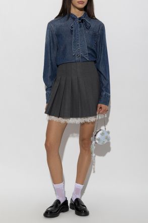 Self Portrait Denim Shirt With A Tie Neckline, Womens, Navy Blue