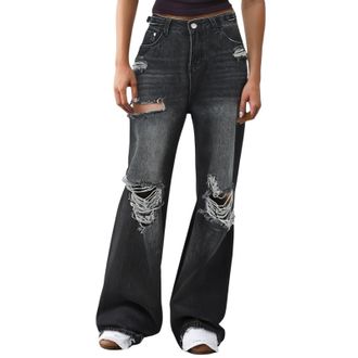 Generic Baggy Jeans for Women UK Ripped Pull on Trendy Denim Pants with Pockets High Waisted Flared Denim Trousers for Ladies
