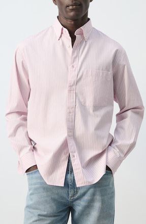 Mango Relaxed Fit Stripe Cotton Button-Up Shirt in Pastel Pink at Nordstrom, Size Medium