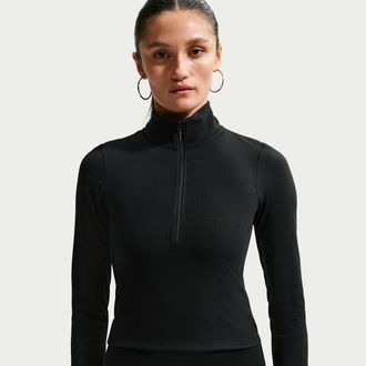 Nike Womens Nike Sportswear Chill Knit Tight Quarter-Zip Long-Sleeve Ribbed Top in Black | IF0577-010
