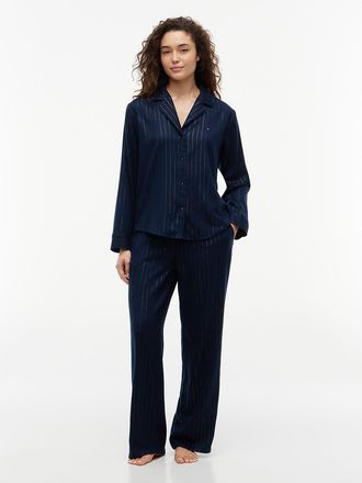 Tommy Hilfiger Womens Shimmer Striped Shirt & Pant Sleep Set - Navy Pinstripe Lurex - XL