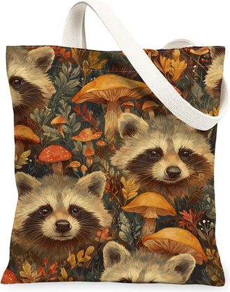 Generic Autumn Raccoon Canvas Tote Bags, Rustic Forest Animal Pattern Reusable Grocery Bags, Lightweight Washable Shoulder Strap Ca, Brown, 13x15 Inch