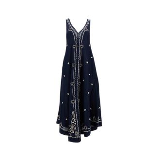 P.A.R.O.S.H. Midi Dresses, female, Blue, Size: L Embroidered Linen Long Dress