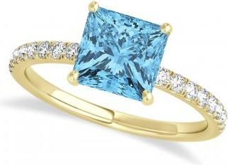 Allurez Princess Blue Topaz & Diamond Single Row Hidden Halo Engagement Ring 14k Yellow Gold (0.81ct)