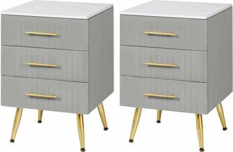 Woltu Set di 2 Comodino Camera da Letto in Velluto con Tre Cassetti. Cassettiera in Legno. Organizzatore da Letto. Gambe in Metallo. Bianco e Grigio - Woltu