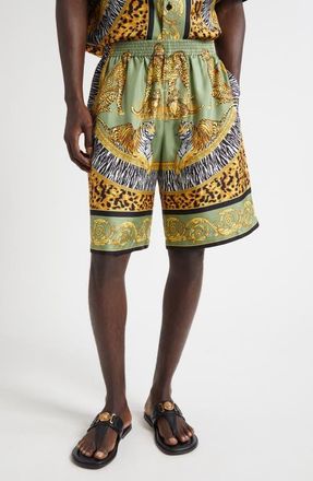 Versace Wild Cats Print Silk Twill Shorts in Green Black at Nordstrom, Size 34 Us