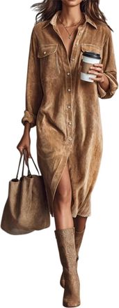 Generic Dresses for Women UK Corduroy Dress WomenS Corduroy Button Down Midi Shirt Dress Long Sleeve Solid Color Work Lapel Flowy Everyday Tunic Shift A Line 