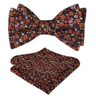 Alizeal Mens Floral Patterned Colorful Classic Self Tied Bow Tie and Pocket Square Set, Brown+Orange+Red