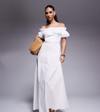 KAIIA exclusive cotton rich bardot poplin puff sleeve maxi dress in white