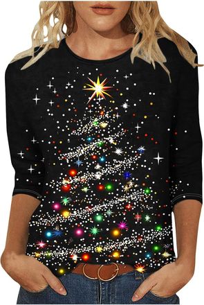 Generic Women Christmas T Shirts Light Up Christmas Tree Printed Ugly Tops Oversized Pullover 3/4 Sleeve Tunic Tees Novelty Sparkly Xmas Graphic Shirt Casual 