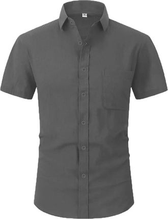 Generic Mens Summer Cotton Short Sleeve Lapel Shirt Lightweight Solid Color Casual Beach Top Gray M