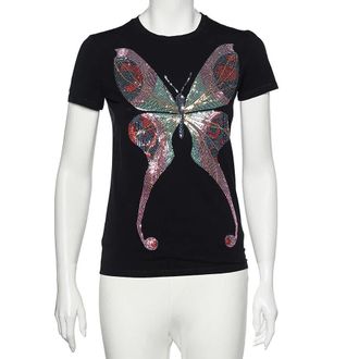 Emporio Armani Black Butterfly Print Cotton Sequins Top
