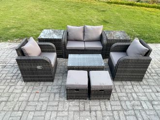 Fimous Outdoor Lounge Sofa Set 6 Seater Rattan Garden Furniture Set with Rectangular Coffee Table 2 Small Footstools in Dark Grey