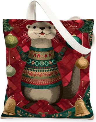 Generic Christmas Otter Canvas Tote Bags, Cute Animal Pattern Reusable Grocery Bags, Winter Lightweight Washable Shoulder Strap Can, Red, 13x15 Inch