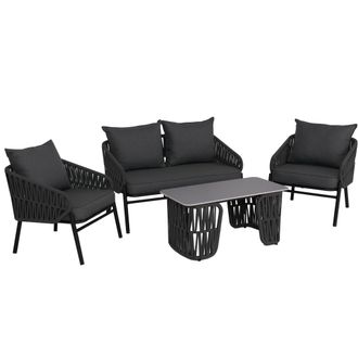 Hhg [nunca Usado] Conjunto De Jard&iacute;n Hhg-224, Conjunto De Sal&oacute;n Sof&aacute; De Jard&iacute;n, Sill&oacute;n, Mesa, Tejido De Cuerda/textil (180 G/m&sup2;), Antracita