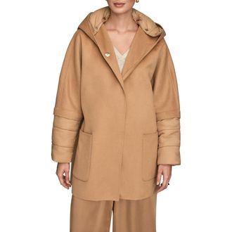 DKNY Mixed Media Puffer Sleeve Wool Blend Coat in Fawn at Nordstrom, Size X-Small