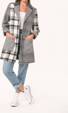 Lovestitch Darby Patchwork Plaid Coat In Taupe/grey